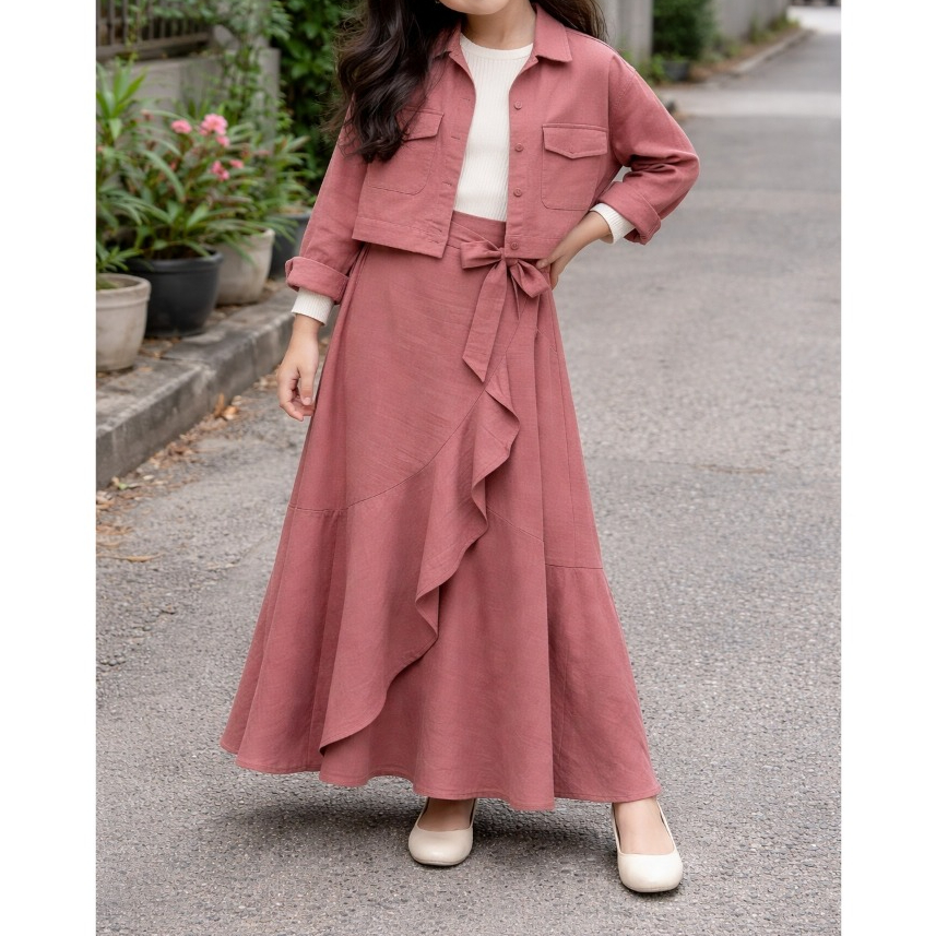 Set Rok Ruffle Outer Boxy stelan anak perempuan terbaru bahan Rayon Twil premium usia 5-15 tahun fas