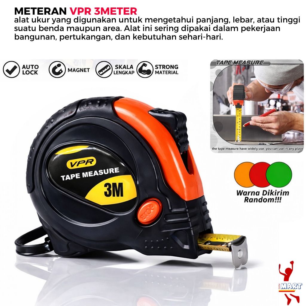 Meteran Tukang Anti Karat Body Karet – Roll Meter 3m