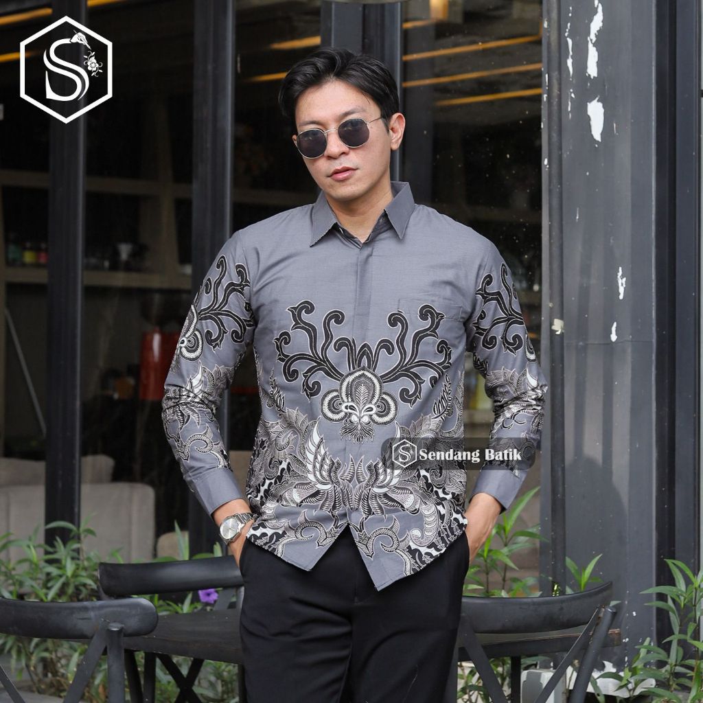 SENDANG BATIK Atasan Batik Motif Mahesura Abu Kemeja Batik Pria Premium Lengan Panjang Lapis Furing 