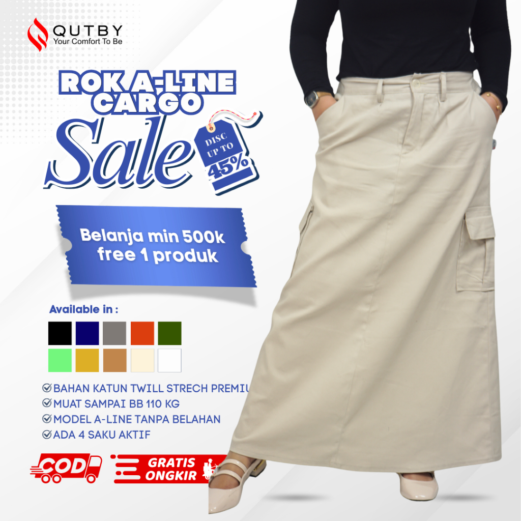 Qutby - Rok Cargo Model A-Line Bahan Katun Twill Premium | Rok Korean Style | Rok Cargo Jumbo