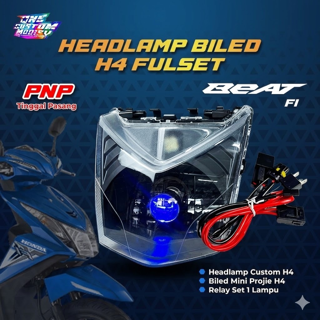HEADLAMP BILED FULLSET MINI BILED H4 BEAT FI LAMPU UTAMA PNP RELAY