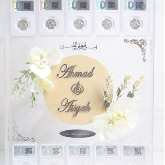 Mahar.co.id - HOT PROMO Set Mahar Dirham 31,1gr  (10 Koin Perak/Dirham) - Dekorasi Bunga Putih