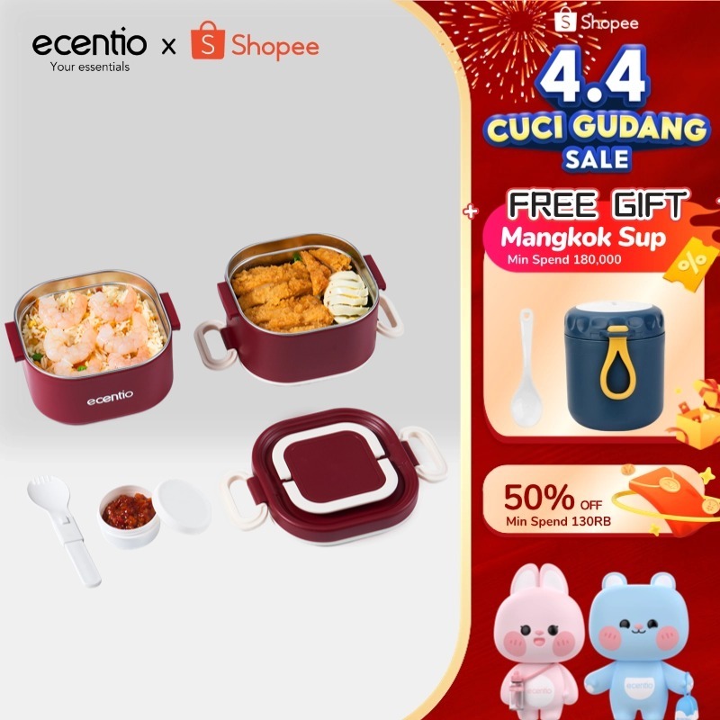 ecentio Kotak bekal bulat stainless steel Double layer 650ml+650ml Lunch box Wadah makan Bento Kapas