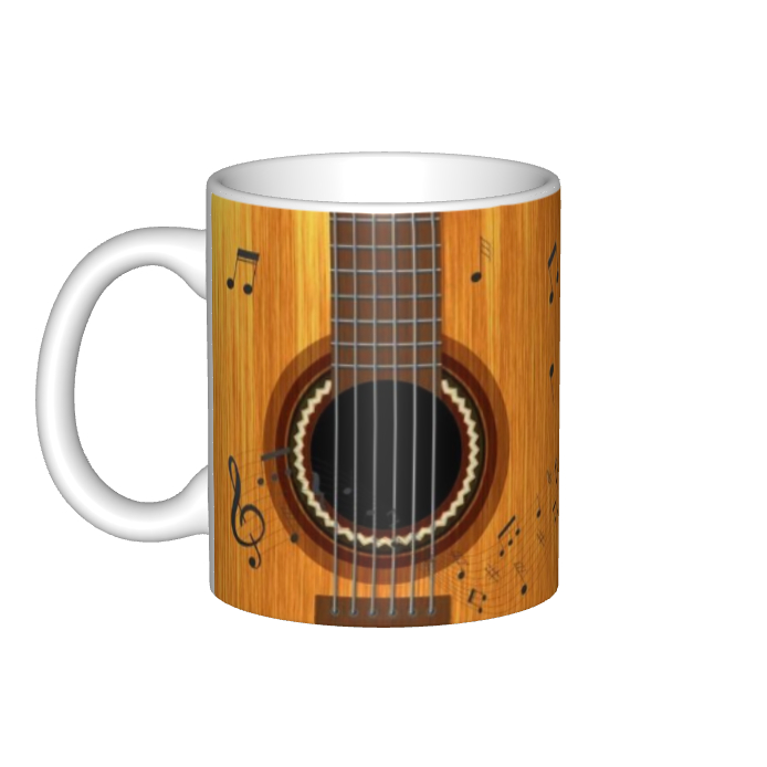 Mug Kopi Keramik Motif Gitar Akustik & Not Musik Hadiah Unik untuk Gitaris & Penggemar Musik