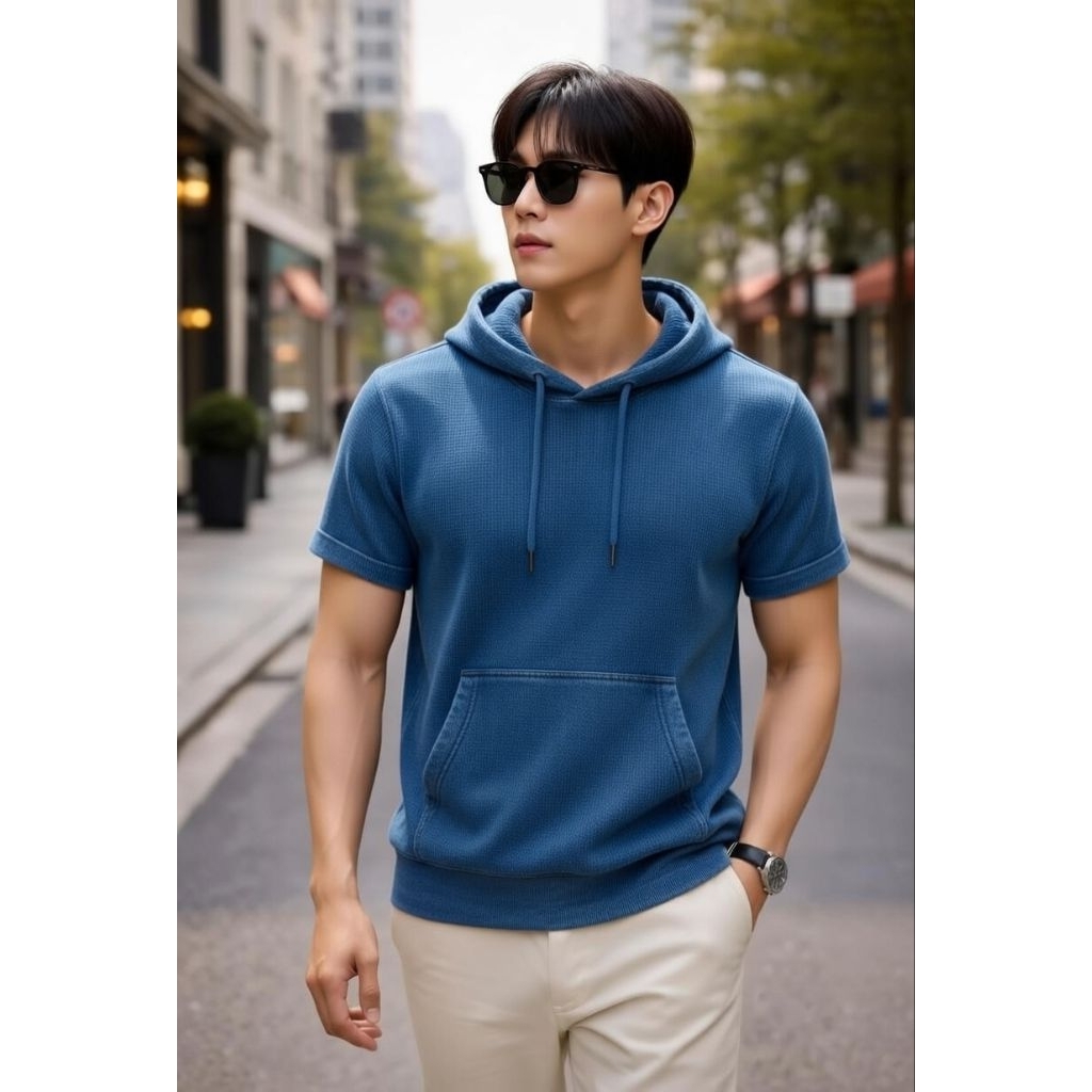 kaos hoodie kupluk lengan pendek kantong, atasan pria kaos hoodie kupluk lengan pendek kantong, paka