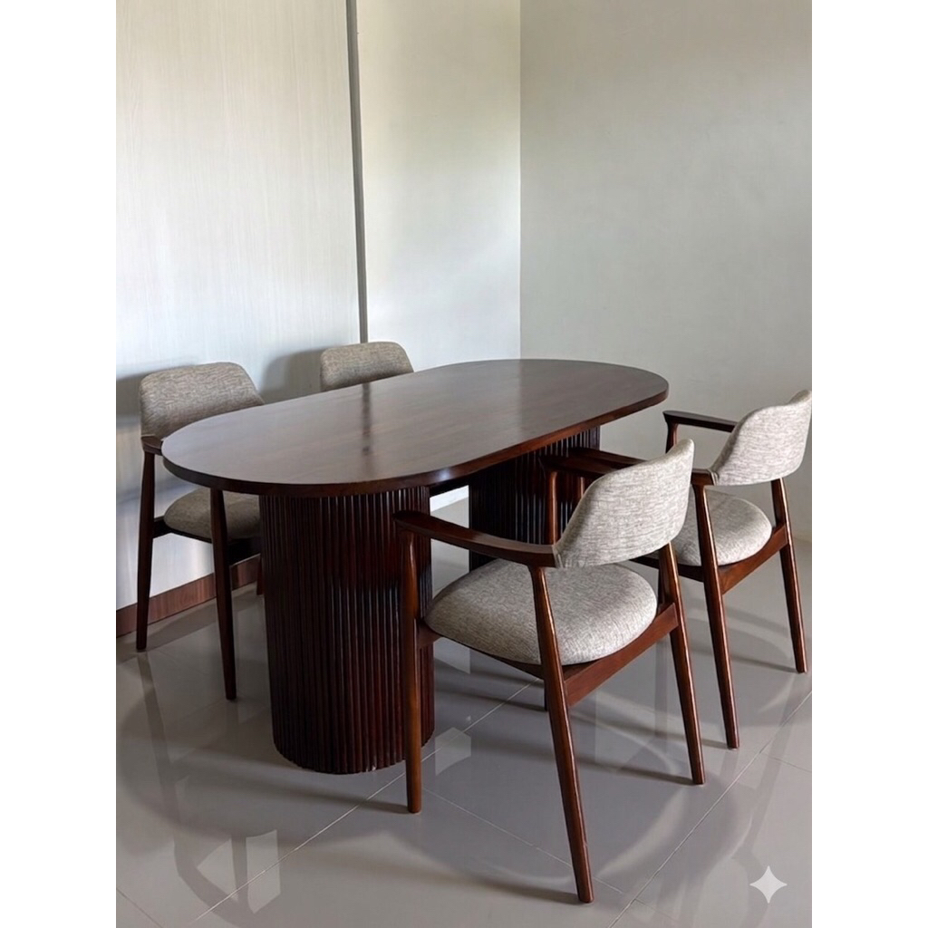 SET MEJA MAKAN MEJA BULAT SALUR KAYU JATI