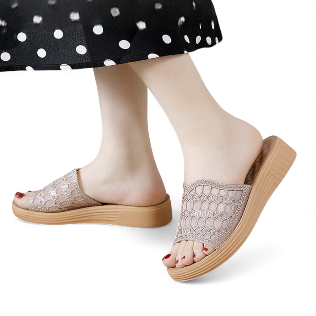 Sandal Wanita Pesta Model Sofiya - Sendal Cewek Flat Kondangan sandal  wedges motif permata wedge