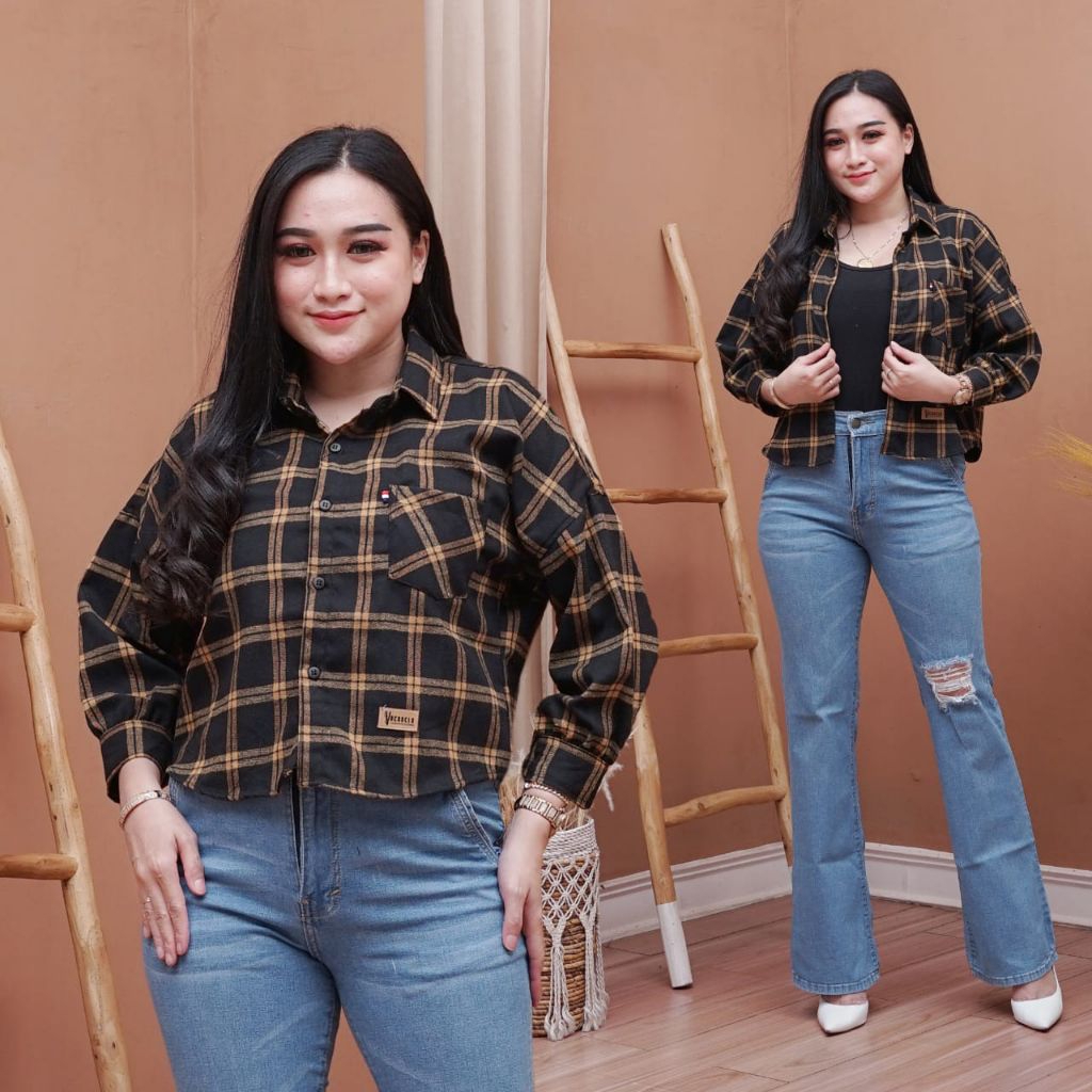Kemeja Wanita Kekinian Model Crop top Bahan Flanel Premium Halus Tebal Motif Kotak-Kotak