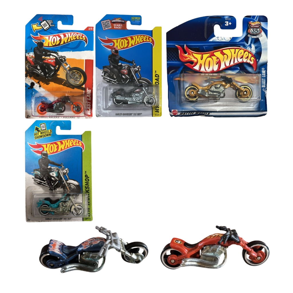 Hotwheels Regular Motorcycle Harley Davidson Fat Boy, Loose, Blue, Red, Black, Gold Fire Factory Sea