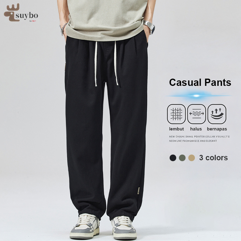Suyboy Celana kasual pria korea Black Loose pants Santai Model lurus Fashiona Celana karet Men Pants