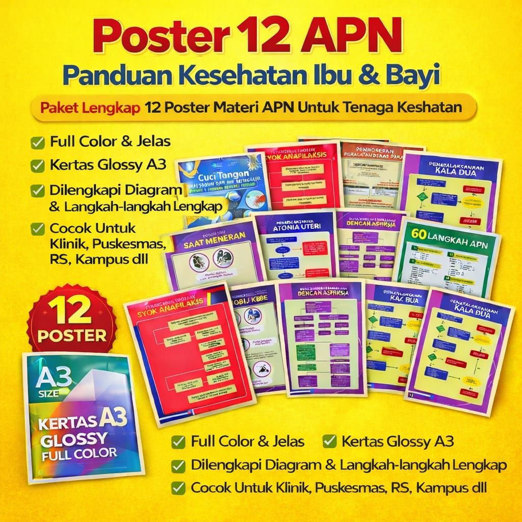 Paket Poster | 12 Lembar Poster APN Lengkap | Best Seller  | Poster Kebidanan Kesehatan