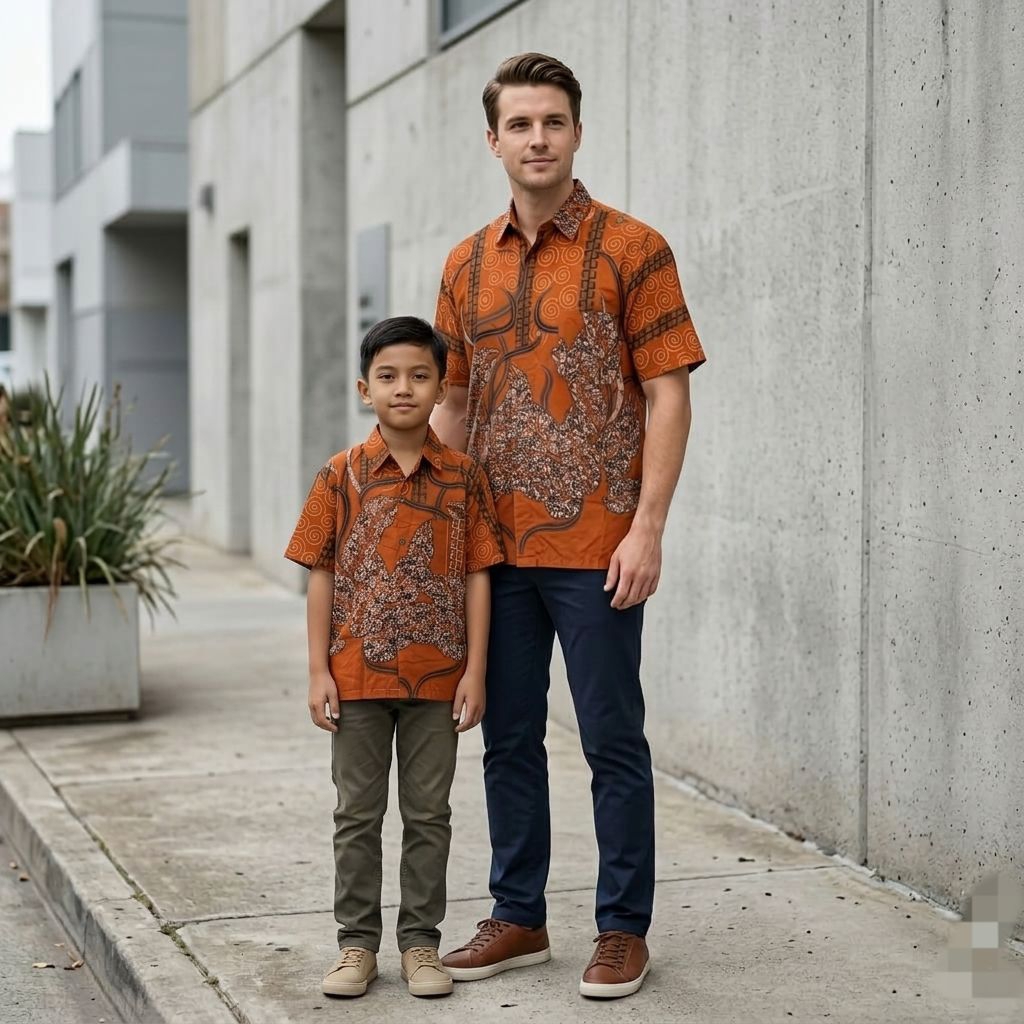 Batik Couple Ayah dan Anak Laki-Laki Usia 3-10 Tahun Bahan Katun - Warna Oren Candy - Fatih Batik Me