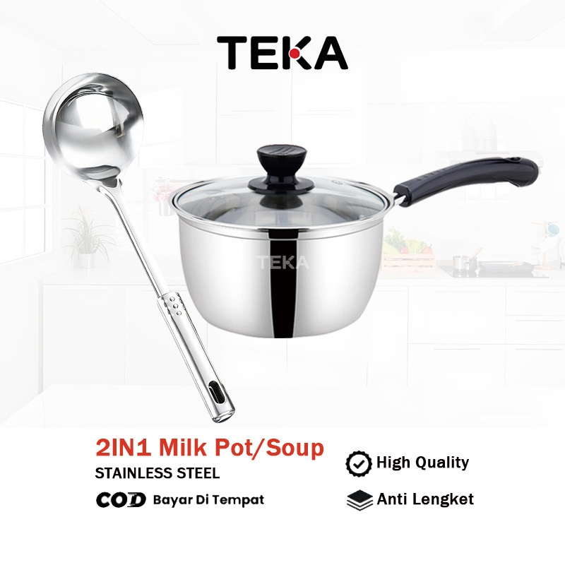 TEKA 16CM 2IN1 Panci Susu Stainless Steel Tebal (Dengan Tutup Kaca) Tersedia Dalam+Sendok Sup Stainl