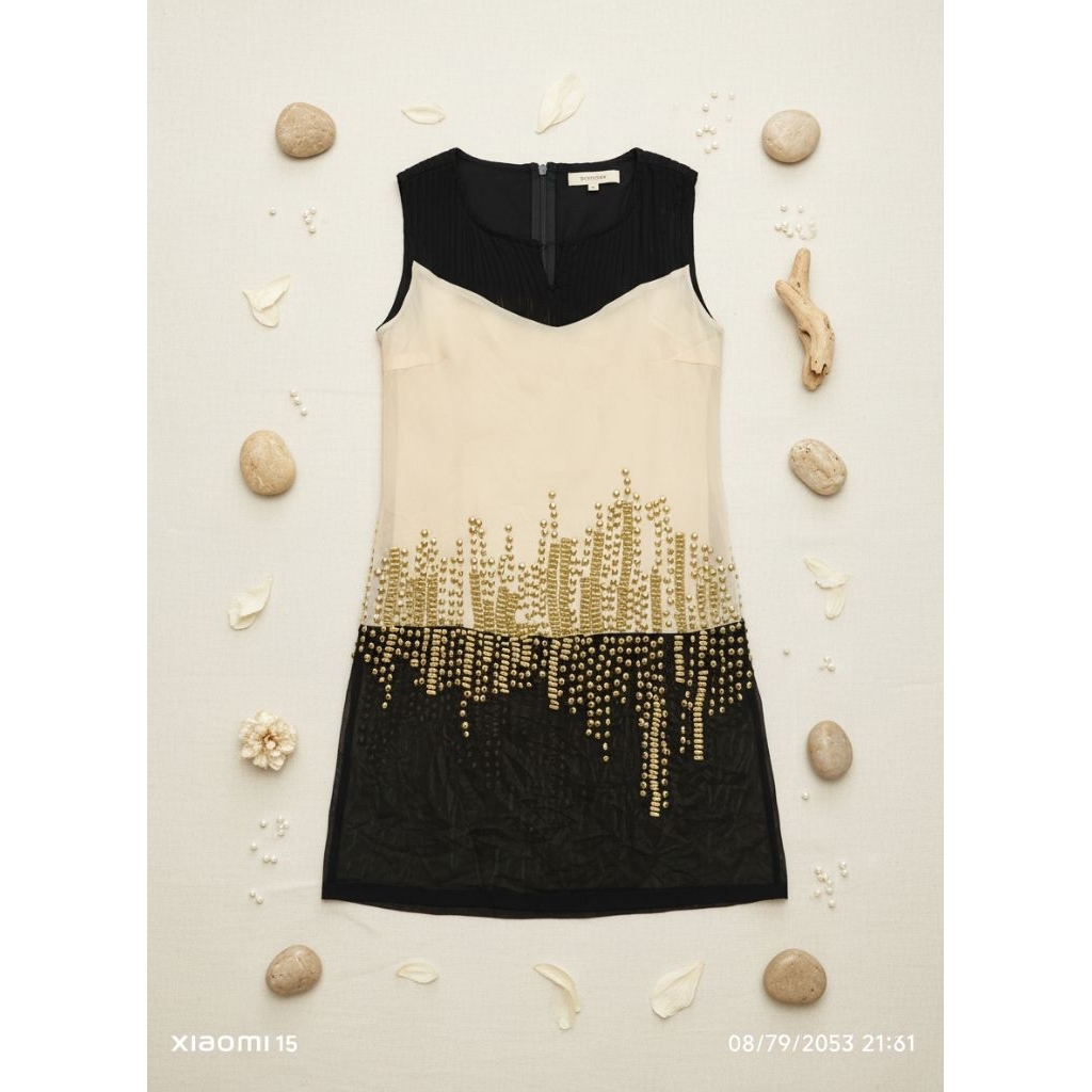 Dress Pesta Wanita Sleeveless Gold Studded Elegan - Dress Mini Hitam Cream Premium Look