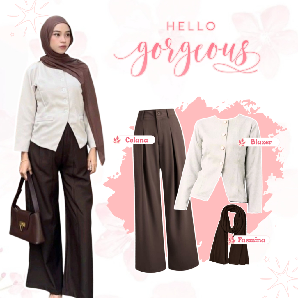 One Set Outfit Hijab 3in1 Blazer Ailee Semiwool + Celana Knit Premium Full Karet + Pashmina Jersey P