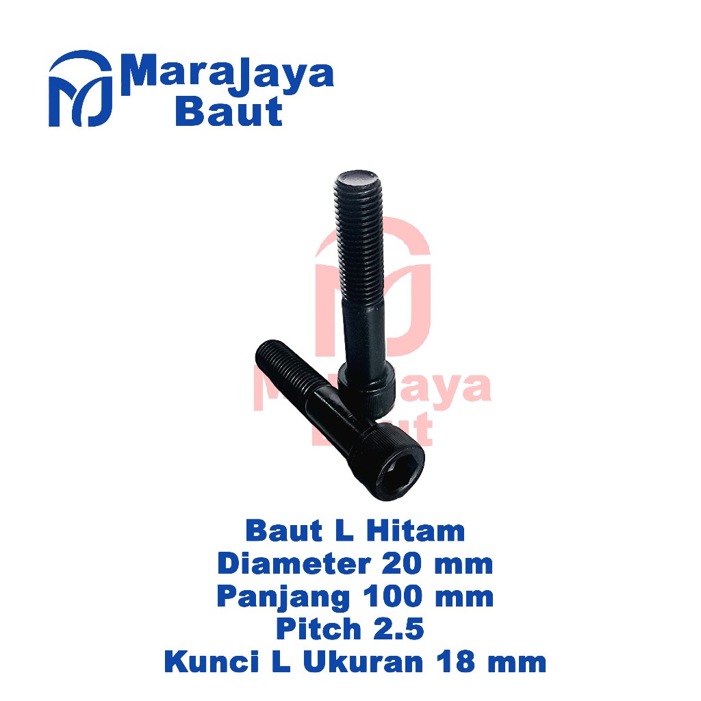 Baut L Hitam M20 Diameter 20 mm Panjang 100 mm Pitch 2.5 Kunci L 18 mm