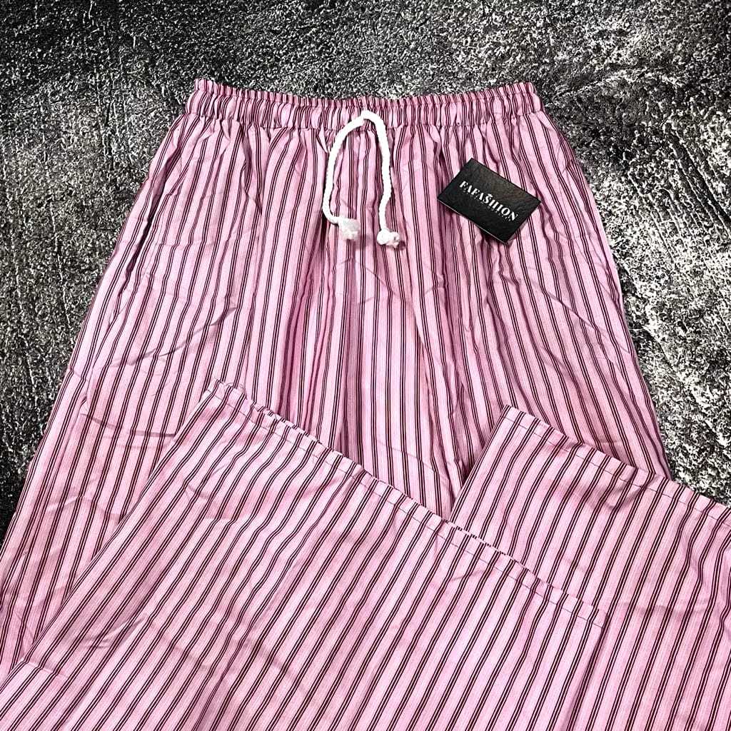 STRIPE Celana Panjang Wanita Highwaist - Pinggang Karet, Saku Praktis, Pola Garis-garis