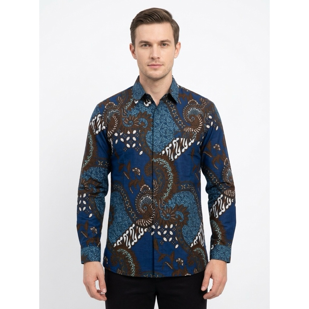 |Magnus| Kemeja Batik Pria Slimfit Lengan Panjang Bahan Katun 40S Lapis Furring Arrow Warna Biru Ele
