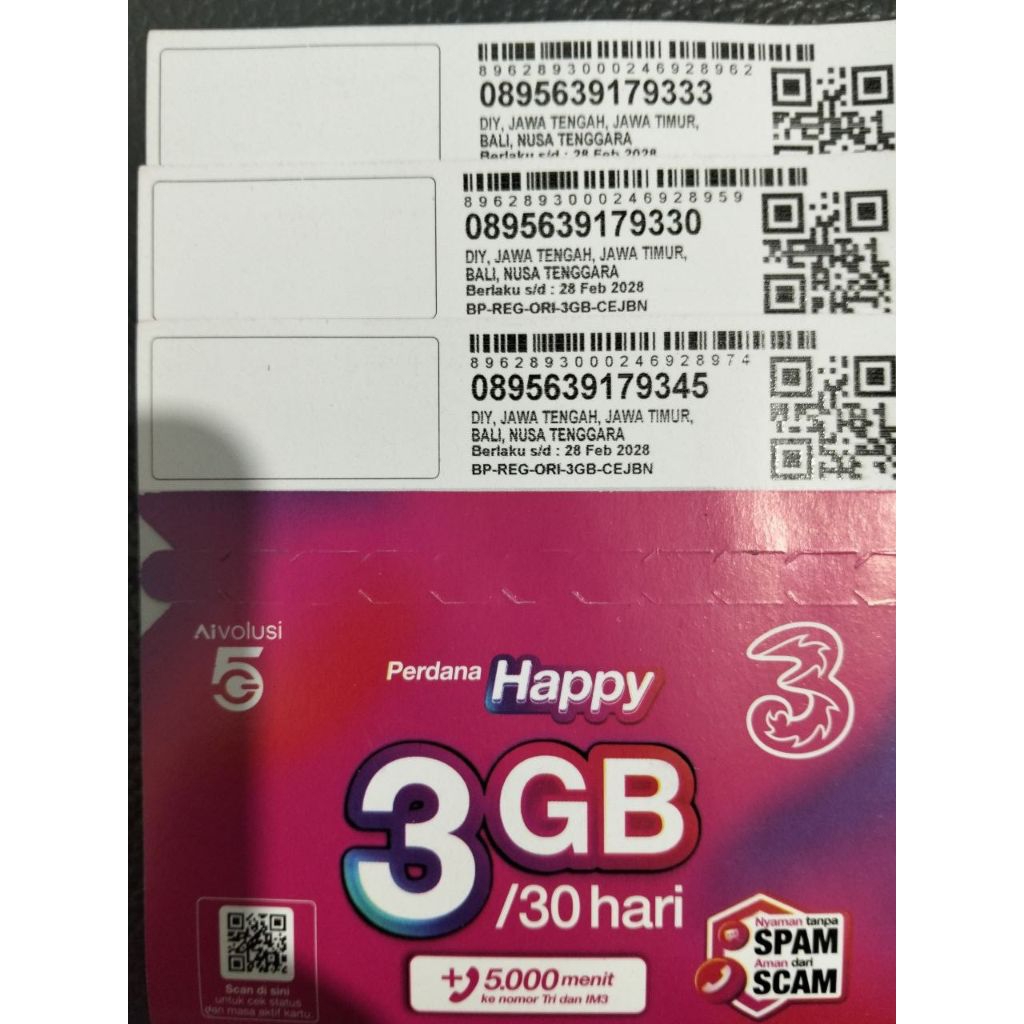 KARTU PERDANA TRI THREE (3) DIY,JATENG,JATIM,BALI & NUSA TENGGARA 3GB SEGEL Belum Registrasi Murah