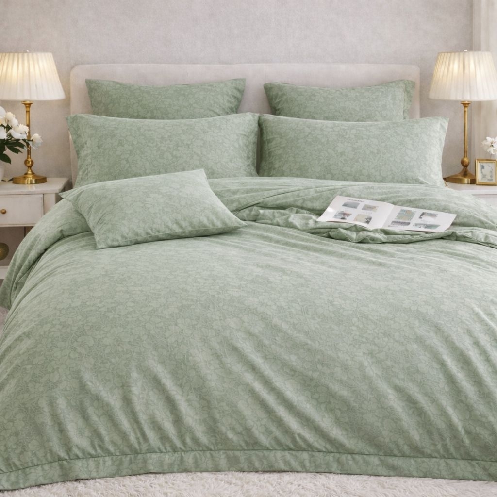 Bed Cover Set Sprei Sage Emboss Bunga - Hijau Muda - Ukuran 160x200 - 180x200 - 200x200 profesional