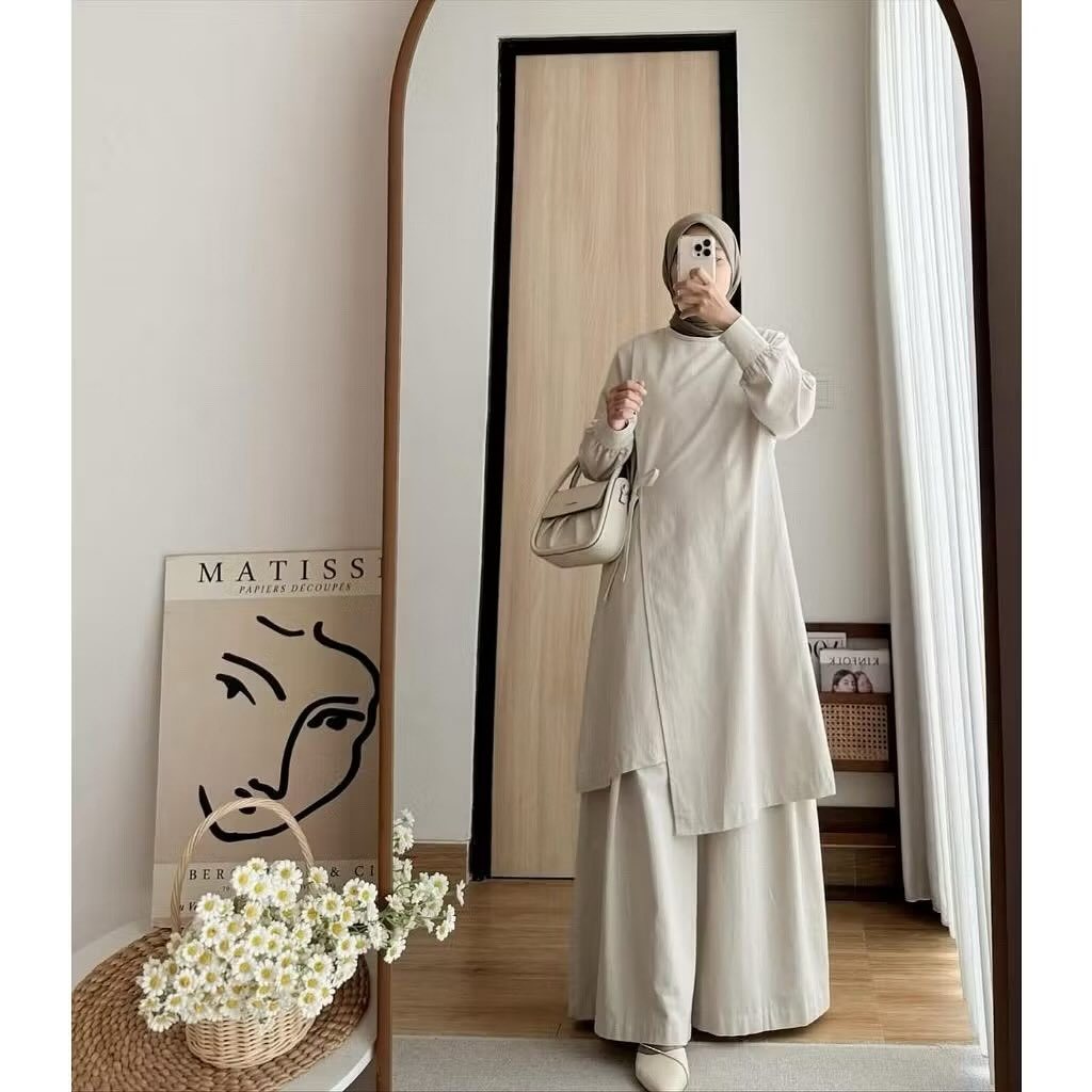 Amira One Set Setelan Wanita Remaja Dewasa Muslimah Bahan Linen Premium
