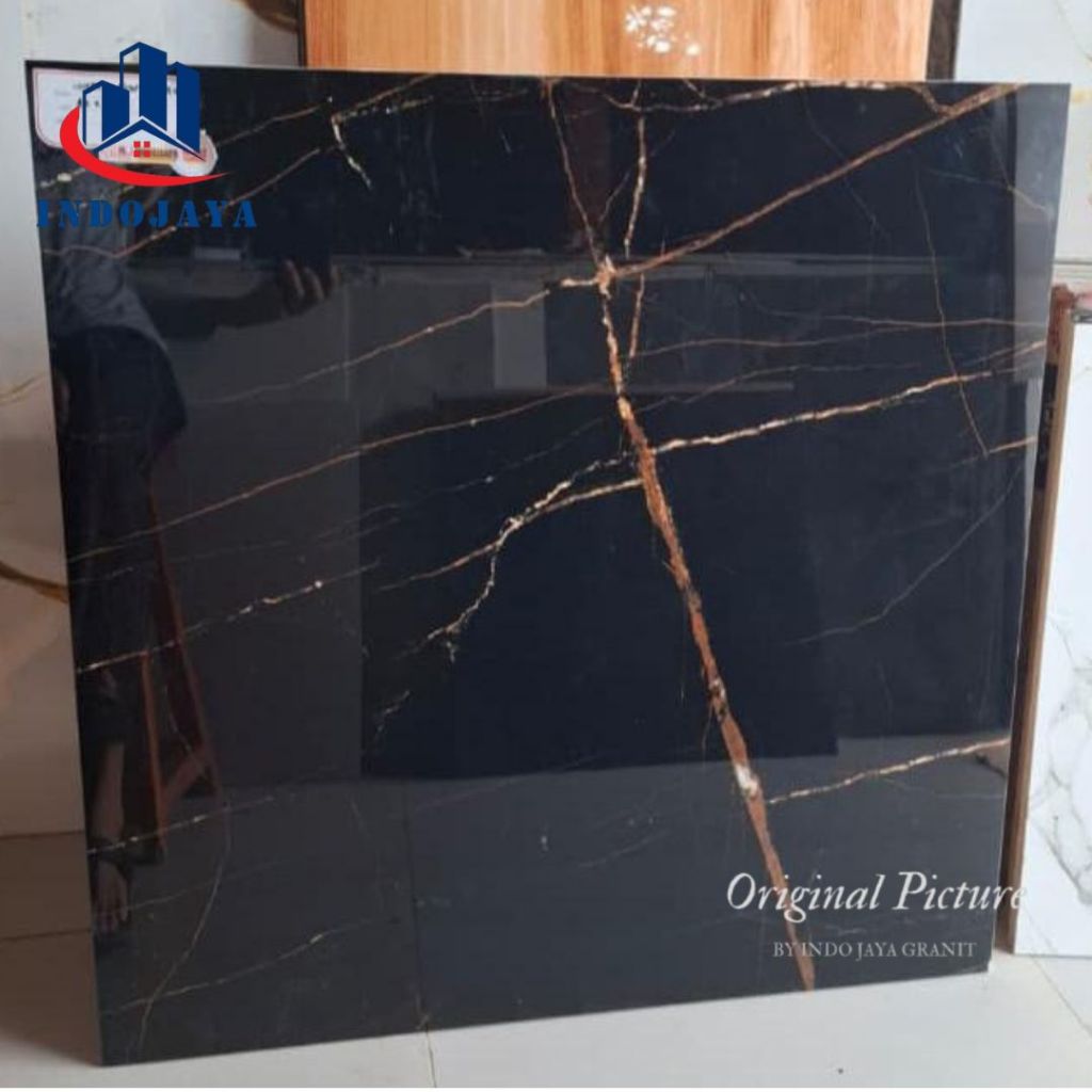 granit lantai/dinding 80x80 motif marmer Ontario black by ikad galzed polyshed granit mewah