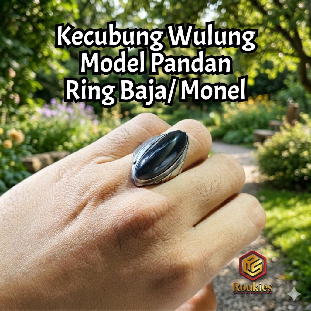 Cincin Batu Kecubung Wulung Model Pandan/ Panjang Ring Baja Putih Monel