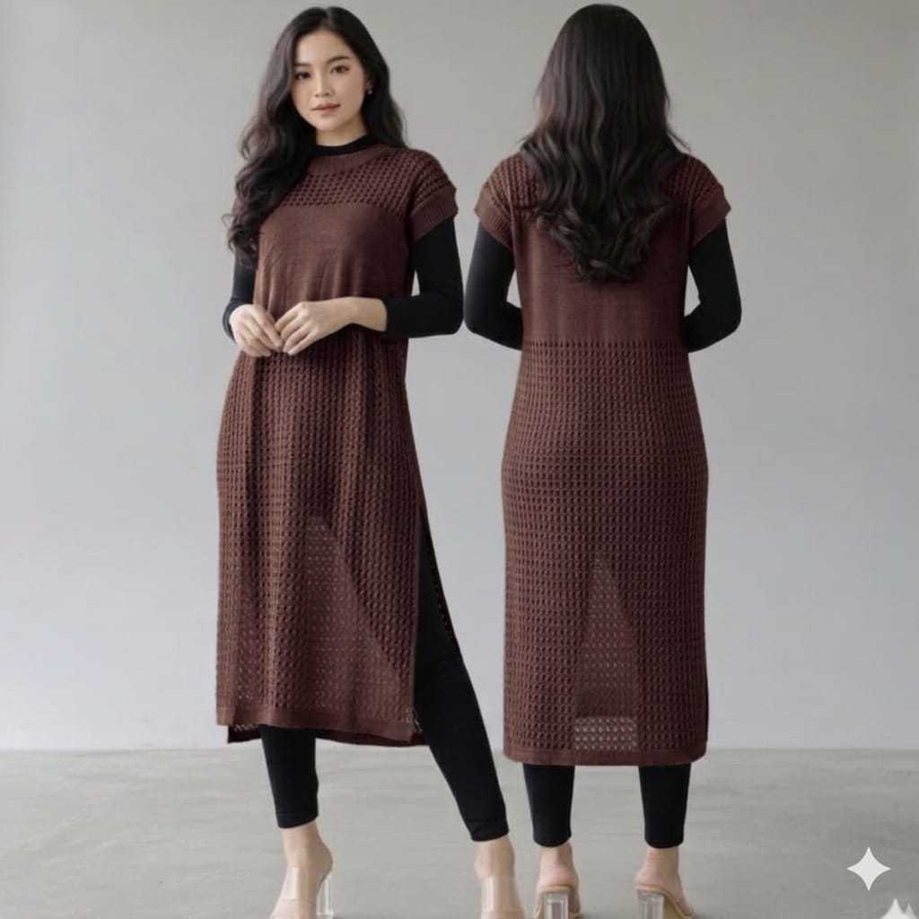 Ruby Knit Top Outher Premium Korean Import - Tunik Jaring Rajut Wanita Belah Samping Tanpa Lengan Pr