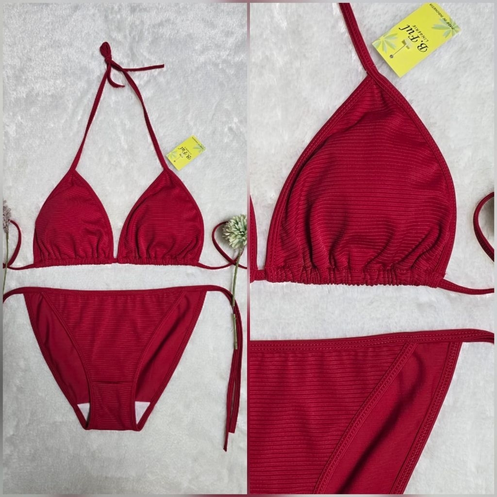 BIKINI BF005 TALI SAMPING KAIN SALUR WARNA MERAH SEKSI