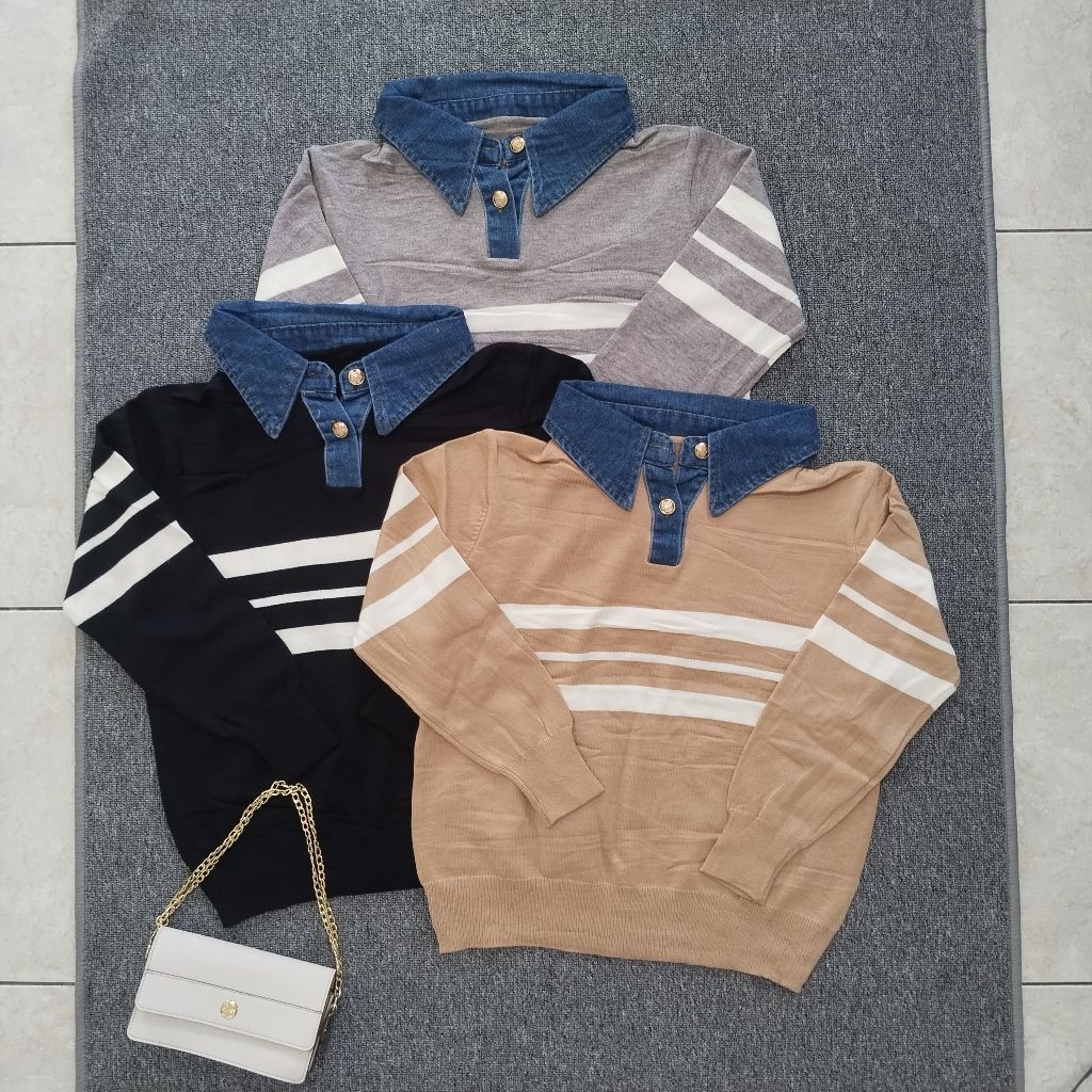 Ready Stock Sweater Rajut Import Wanita Kerah Jeans Motif Stripe | Sweater Rajut Import Wanita Motif