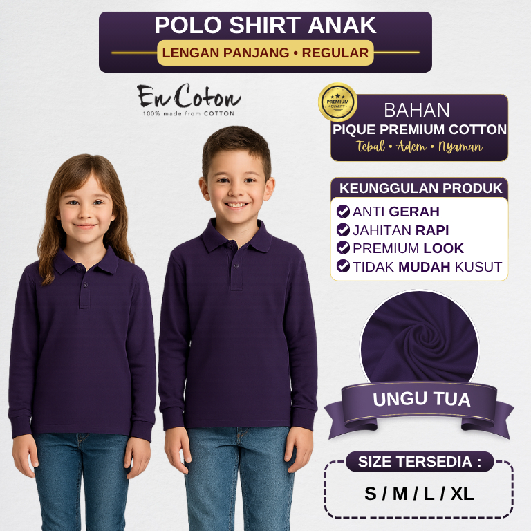 Kaos Kerah Polo ANAK UNGU TUA TERONG Premium Tangan Lengan PANJANG (model ANAK) ENCOTON