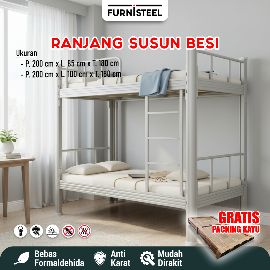 Ranjang Susun Besi Kokoh - Dipan Kasur 2 Susun Minimalis Untuk Kamar Anak Kost Mess - FURNISTEEL