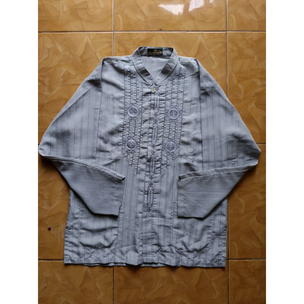 Baju Koko Kemeja Merek Al Hikmah Warna Abu Sage Bahan Katun Size L Lengan Panjang