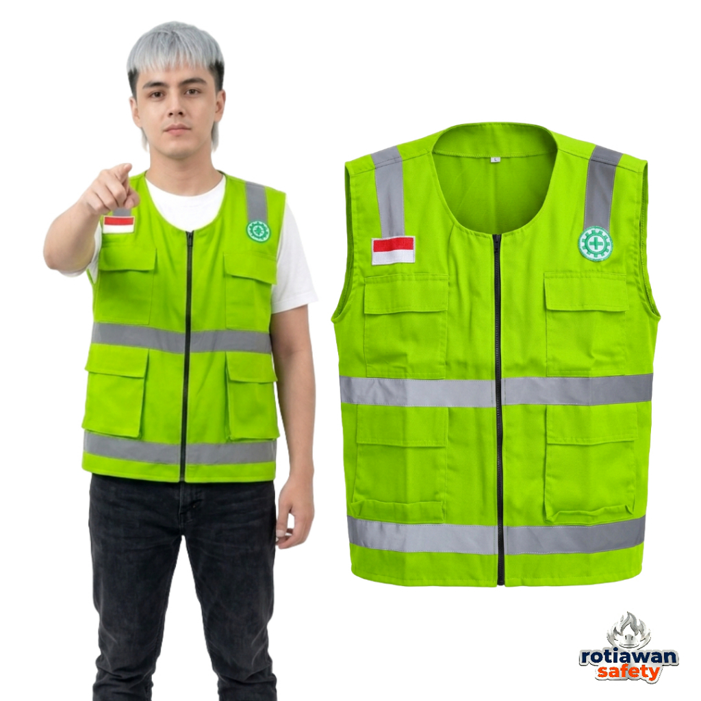 Rompi Safety Lapangan Proyek Tambang Seragam Kerja Bahan Drill PE Warna Hijau Size XL