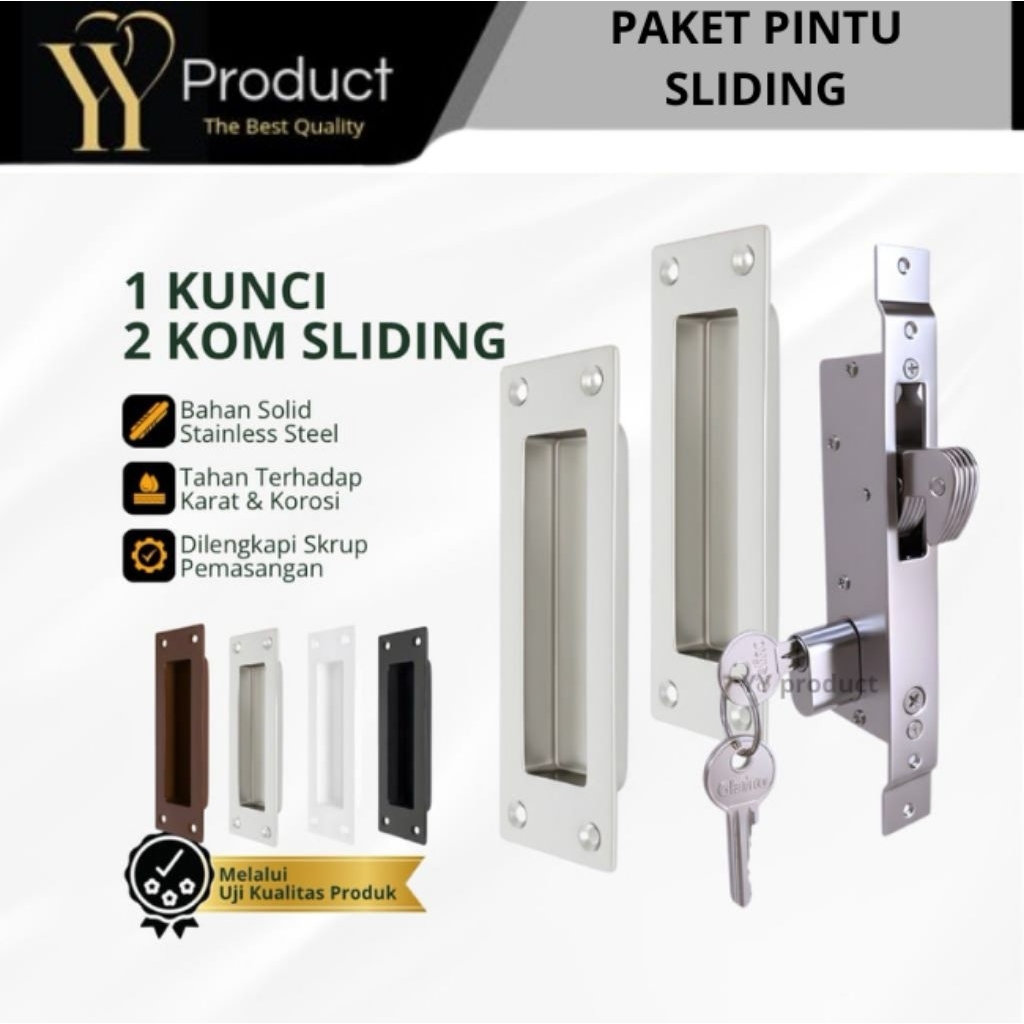 Paket Handle Tanam Kunci Pintu Sliding Alumunium Kayu Geser Stainless Steel Anti Karat