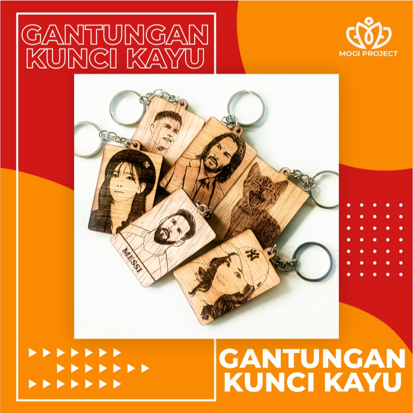 Gantungan Kunci Lukisan Foto Sketsa Hitam Putih Media Kayu Elegan