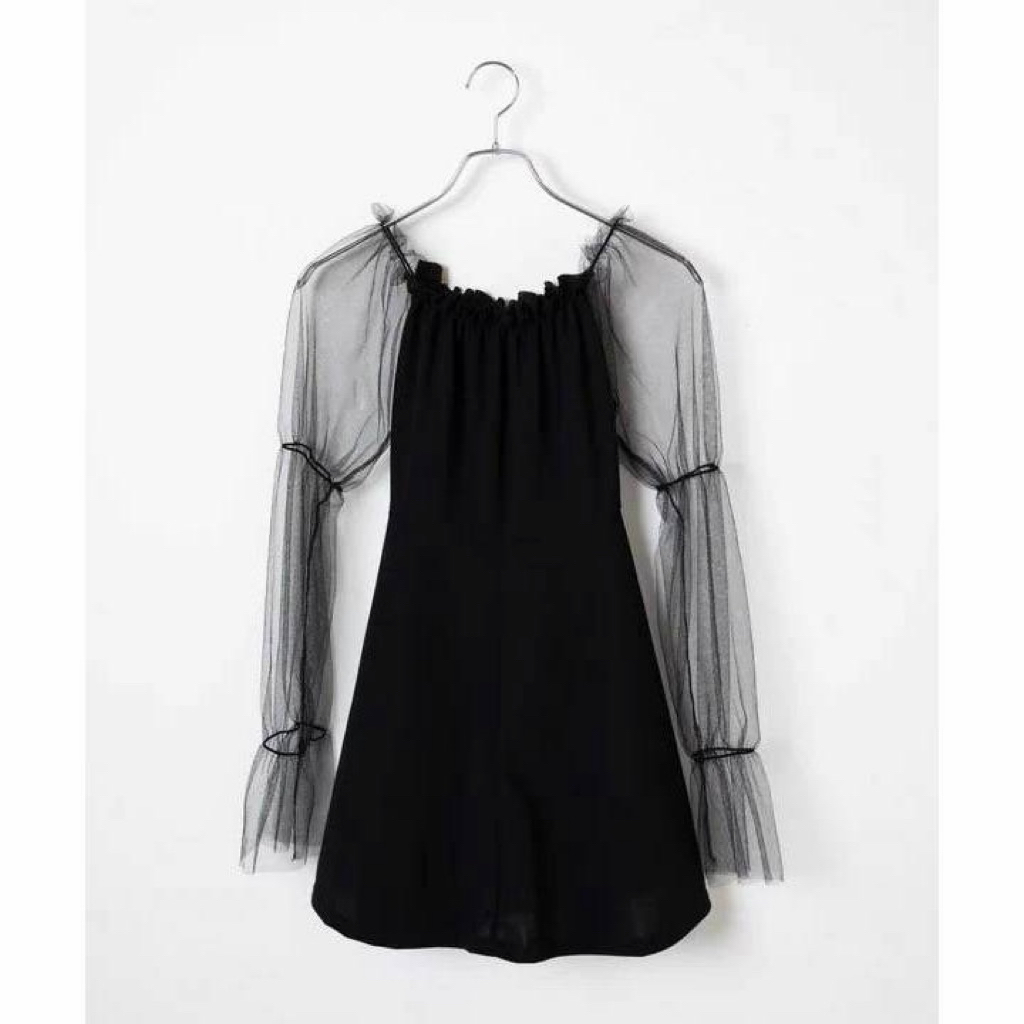 Summer mesh off-shoulder long sleeve black sexy mini dress elegant korean style