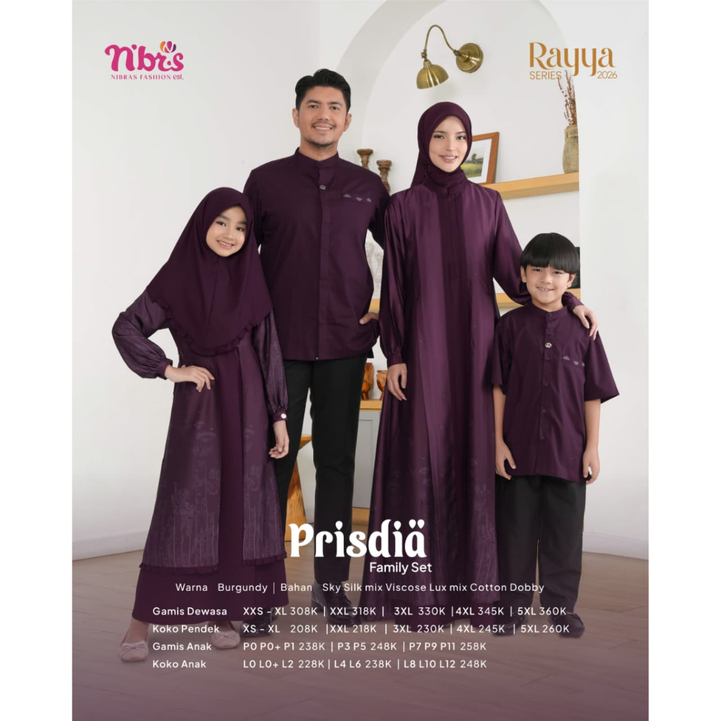 NIBRAS SARIMBIT KELUARGA TERBARU RAYYA SERIES 2026 - PRISDIA BURGUNDY COUPEL KELUARGA SERAGAMAN KOND