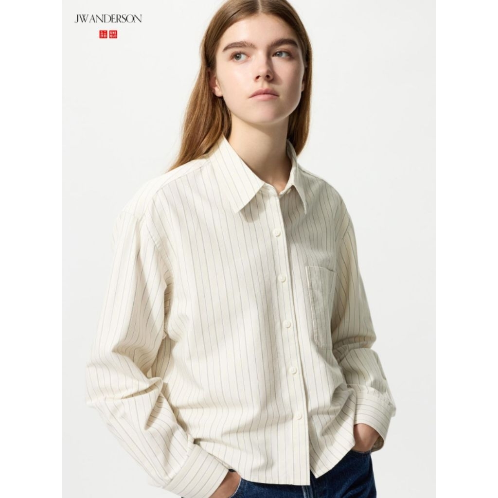 JW Anderson x Uniqlo - Oxford Boxy Shirt | Long Sleeve Stripe - Beige Size XL Original Jepang