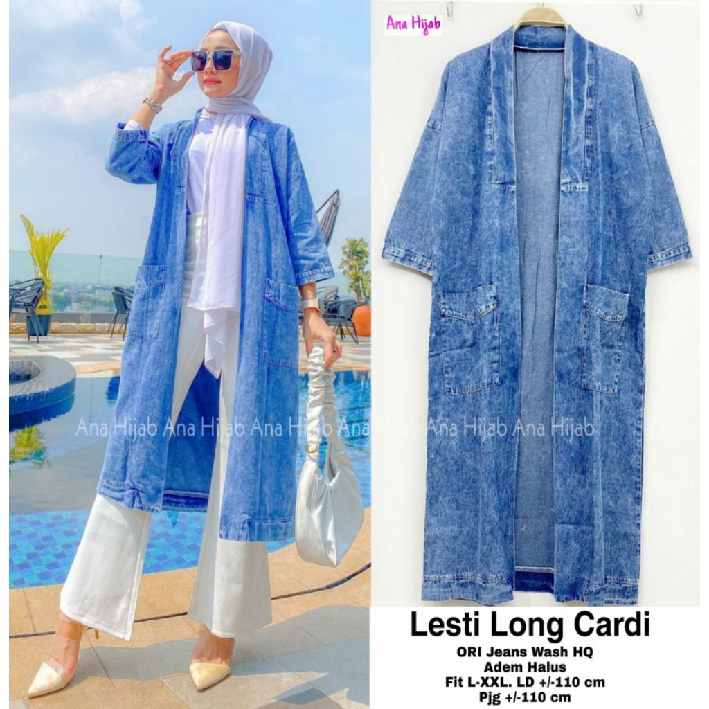 Cardigan Jeans Wanita Panjang Lesti Long Cardi Denim Wash HQ | Outer Jeans Wanita Kekinian | Cardiga