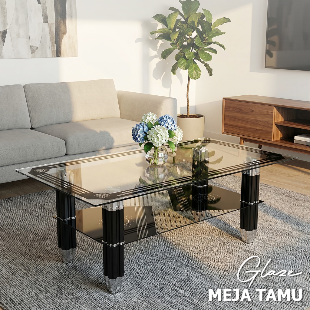 Meja Tamu GLAZE / Meja Tamu Kaca Tempered 2 Susun Minimalis Modern Rak Bawah – Glaze