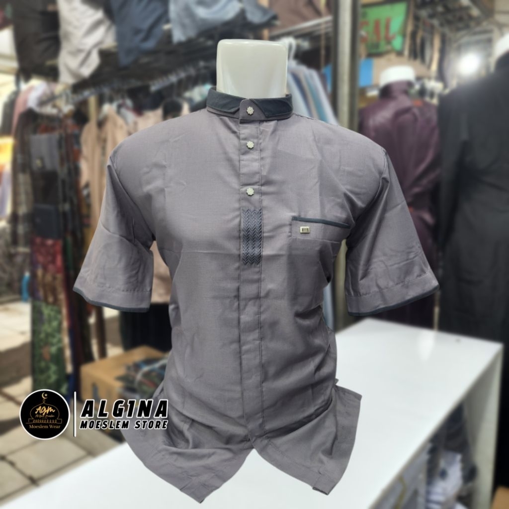 Koko Al Wafa Warna Bordir Lengan Pendek Kancing Thailand | Baju Muslim Lengan Pendek Al Wafa Luxury