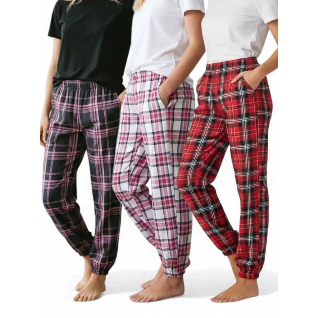 Jogger Pajamas Pants Wanita Kotak-Kotak Plaid Celana Tidur Katun Halus Adem - 2195