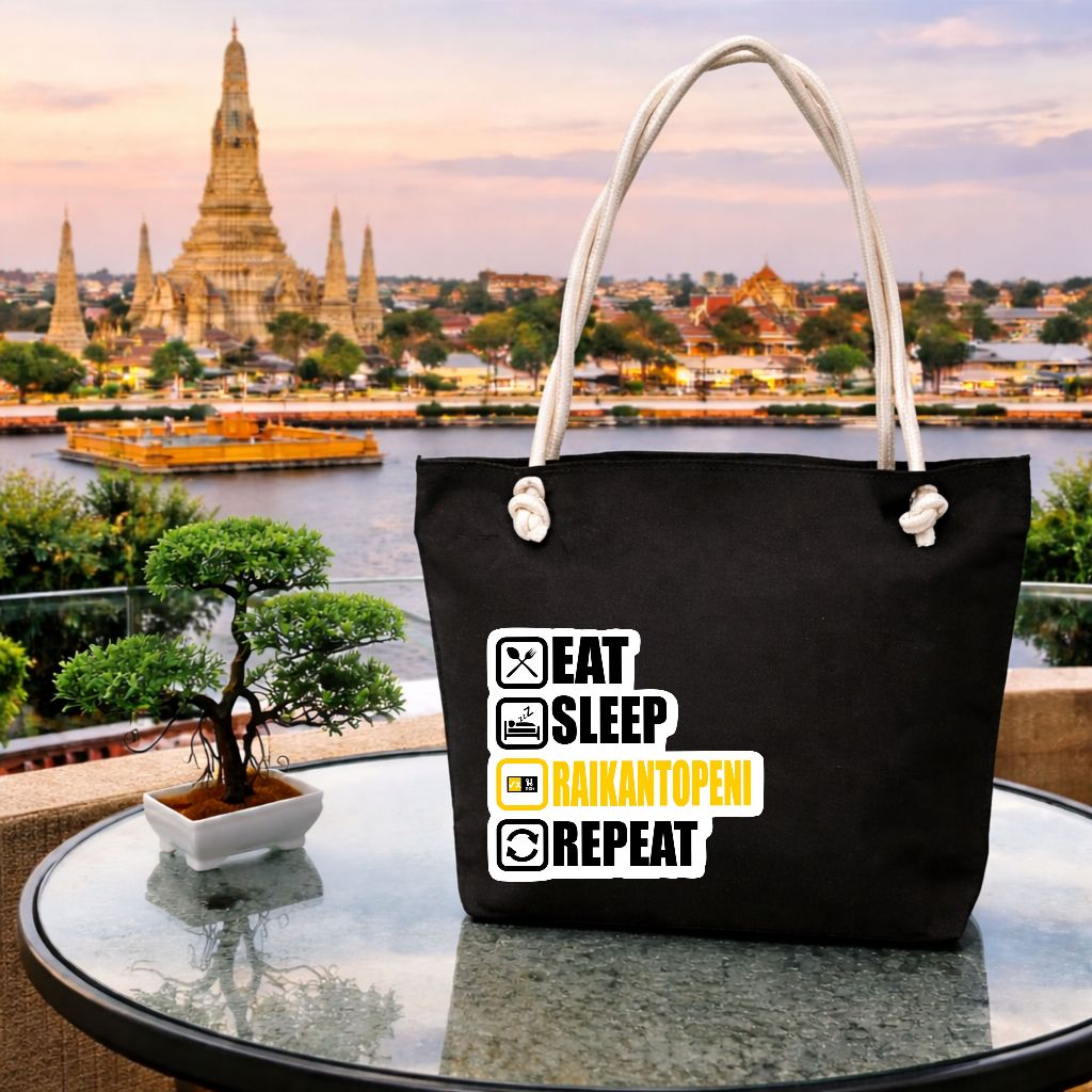 Totebag Resleting Bertali Sumbu Eat Sleep Raikantopeni Repeat II Totebag Kuliah Kondangan & Acara Fo