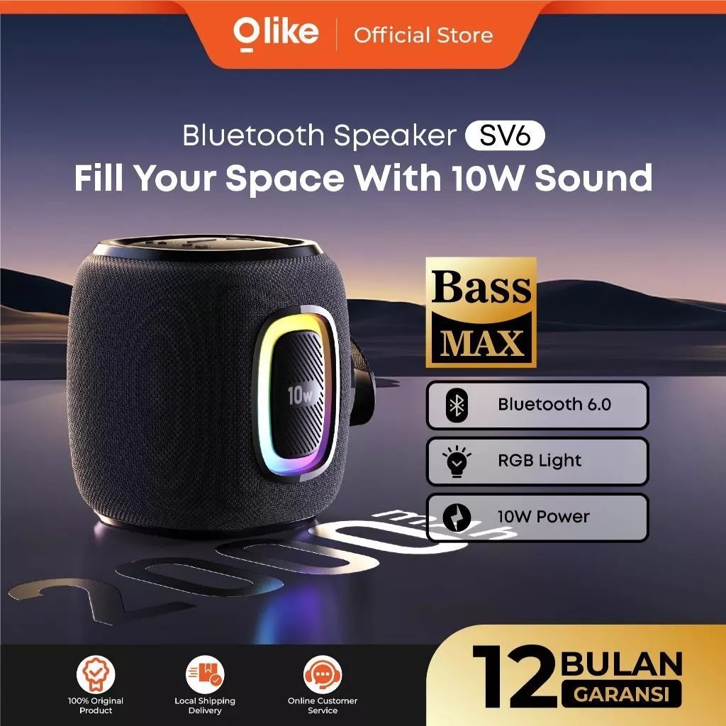 OLIKE Bluetooth Speaker SV6 10W Subwoofer Dual Bass Bluetooth 6.0 TWS RGB Light 2000mAh 6 Jam