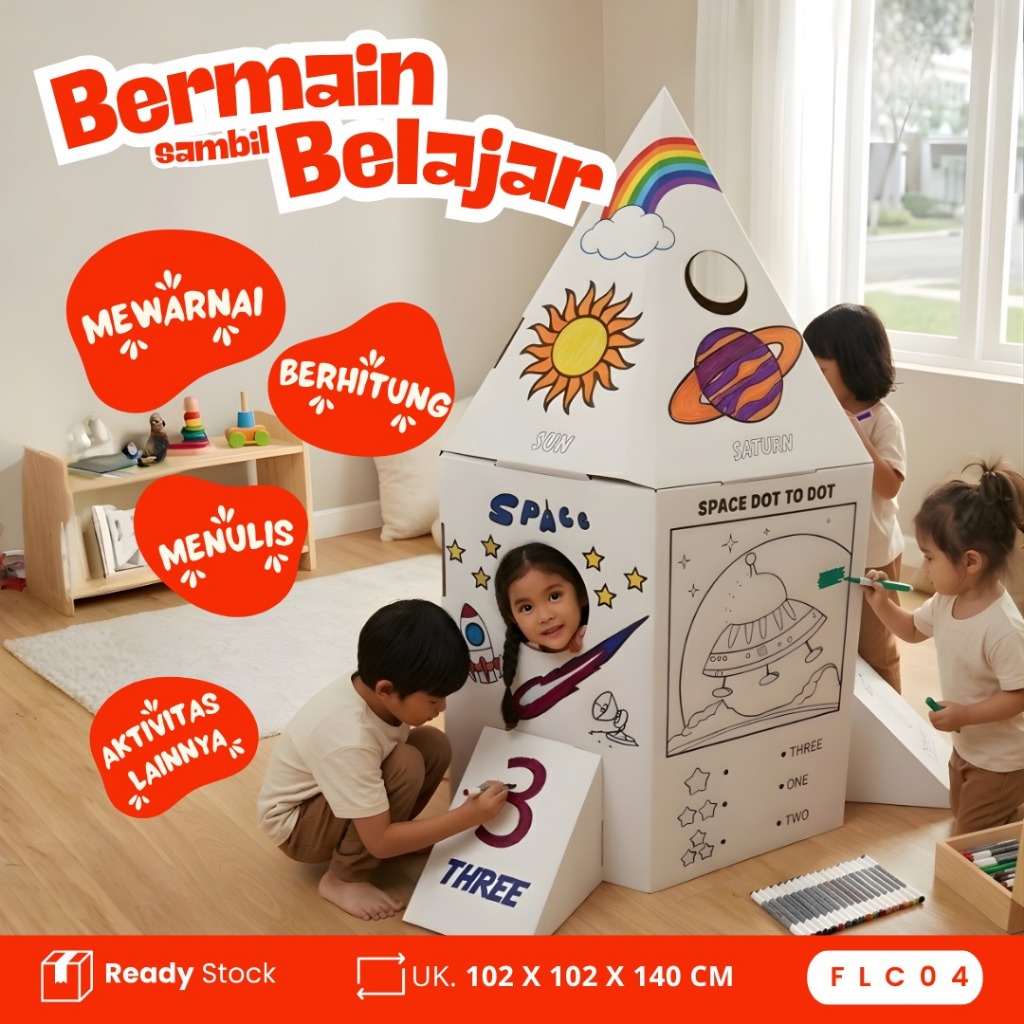 Rumah Kardus Anak Playhouse Roket Space DIY Coloring Box Mainan Edukasi Anak 3+ Rumah Mainan Anak In