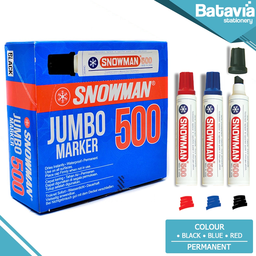 SPIDOL SNOWMAN 500 JUMBO MARKER PERMANEN 1 LUSIN ( 12 PCS ) HITAM | BIRU | MERAH | HIJAU
