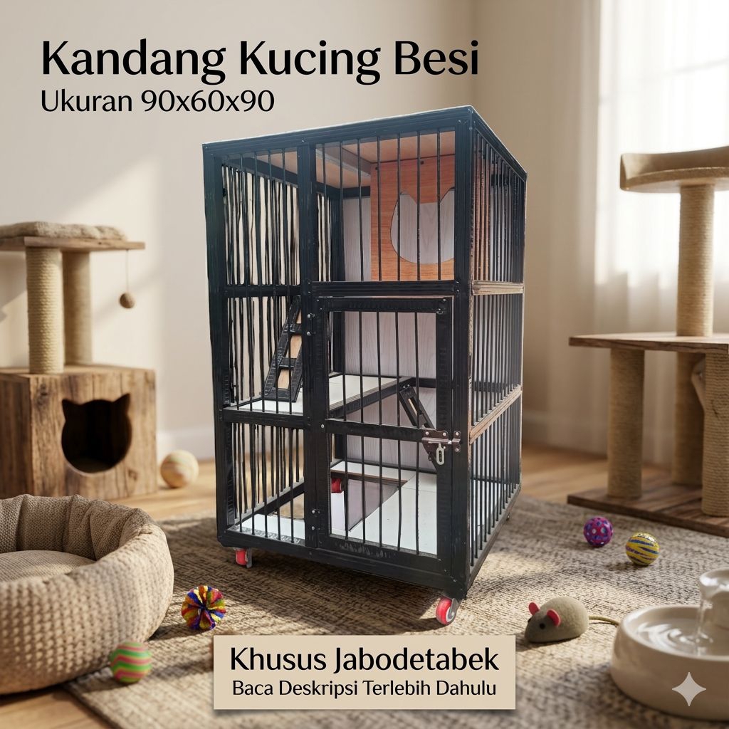 Kandang Kucing Besi dengan Playground 60x60x90 - Jeruji 1.5cm, Besi Beton 6mm, Lantai Keramik, Tripl