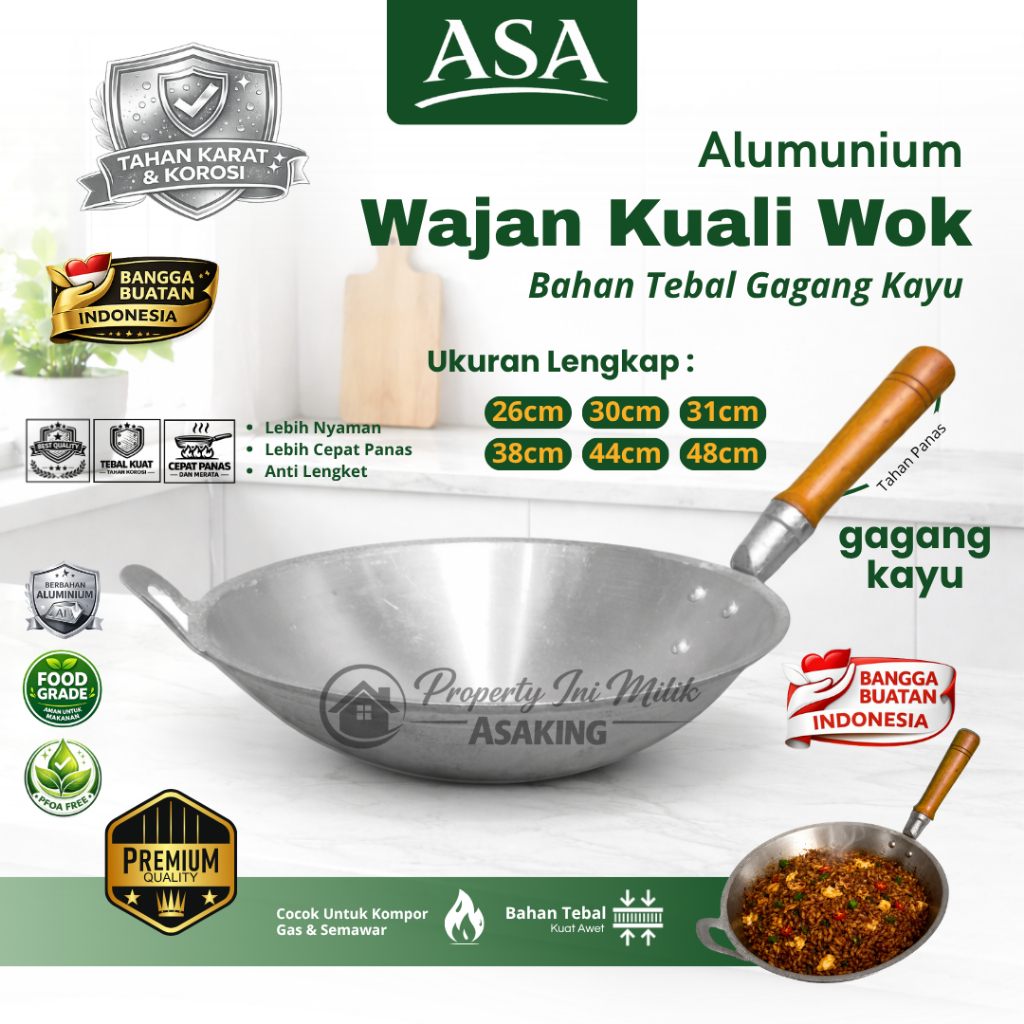 Wajan Gagang Kayu No 10/15/16/18/20 Bakmie Nasi Goreng  Seblak Aluminium Tebal Anti Lengket Asaking