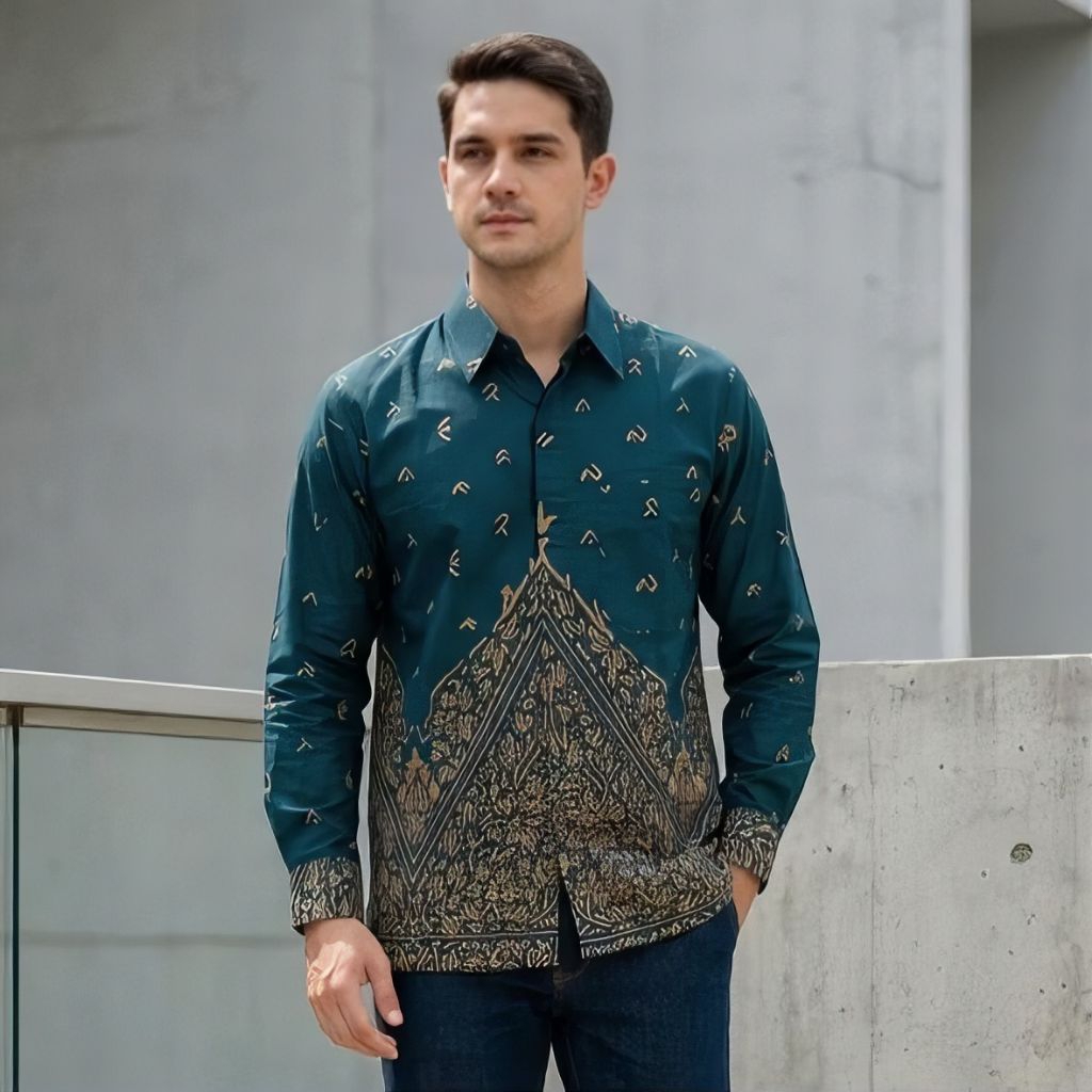 Batik Pria Lengan Panjang Bahan Katun Reguler HM3749 Baju Seragam Pesta Pernikahan Dan Kantor - Hija